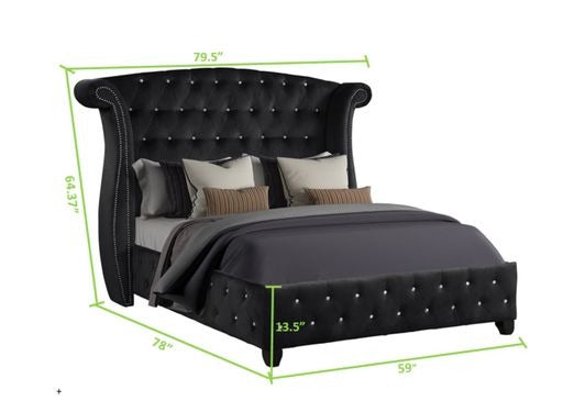 English Elm Full Sophia 5 Pc Upholstery Bedroom Set in Black Wood with Crystal Tufted Headboard & Storage Chest 808857866103