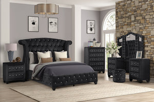 English Elm King Sophia 5PC Vanity Bedroom Set in Black Wood with Crystal Tufted Headboard, Glam Storage Options 808857534729