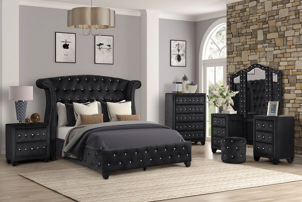 English Elm SOPHIA Full 5 Pc Vanity Upholstered Bedroom Set in Black with Crystal Tufted Headboard & Storage B009S01980