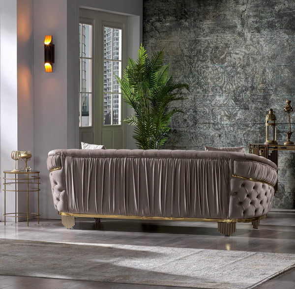 English Elm Vanessa Taupe Velvet Button Tufted Sofa with Gold Waterfall Legs, Flared Arms & 2 Pillows, Luxe G150109201