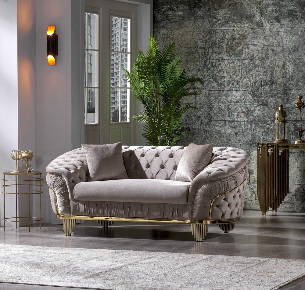 English Elm Vanessa Velvet Tufted Loveseat in Taupe with Gold-Plated Waterfall Legs, Coil Springs & Pillows G150109203