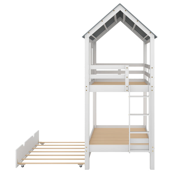 English Elm Twin House Bunk Bed with Trundle, Roof & Windows in White-Grey — Pinewood Playful Loft for Kids, Safe Design SM000705AAK