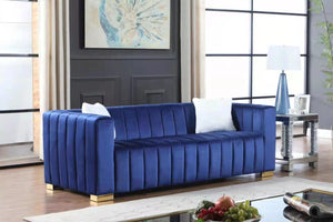 English Elm A Modern Channel Sofa - Luxurious Navy Velvet Chesterfield Style, 3-Seater For Elegant Living Spaces W1099S00082