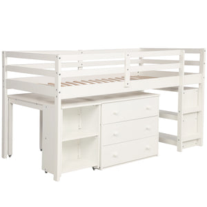 Hearth and Haven Moore Low Study Twin Size Loft Bed with Cabinet and Rolling Portable Desk, White LT000113AAK