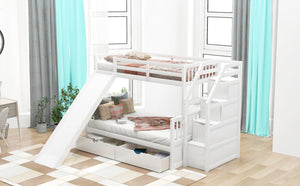 English Elm Twin Over Full Bunk Bed with Slide, Built-In Drawers and Ladder Storage, Sturdy Pine MDF Design White SM000109AAK-1
