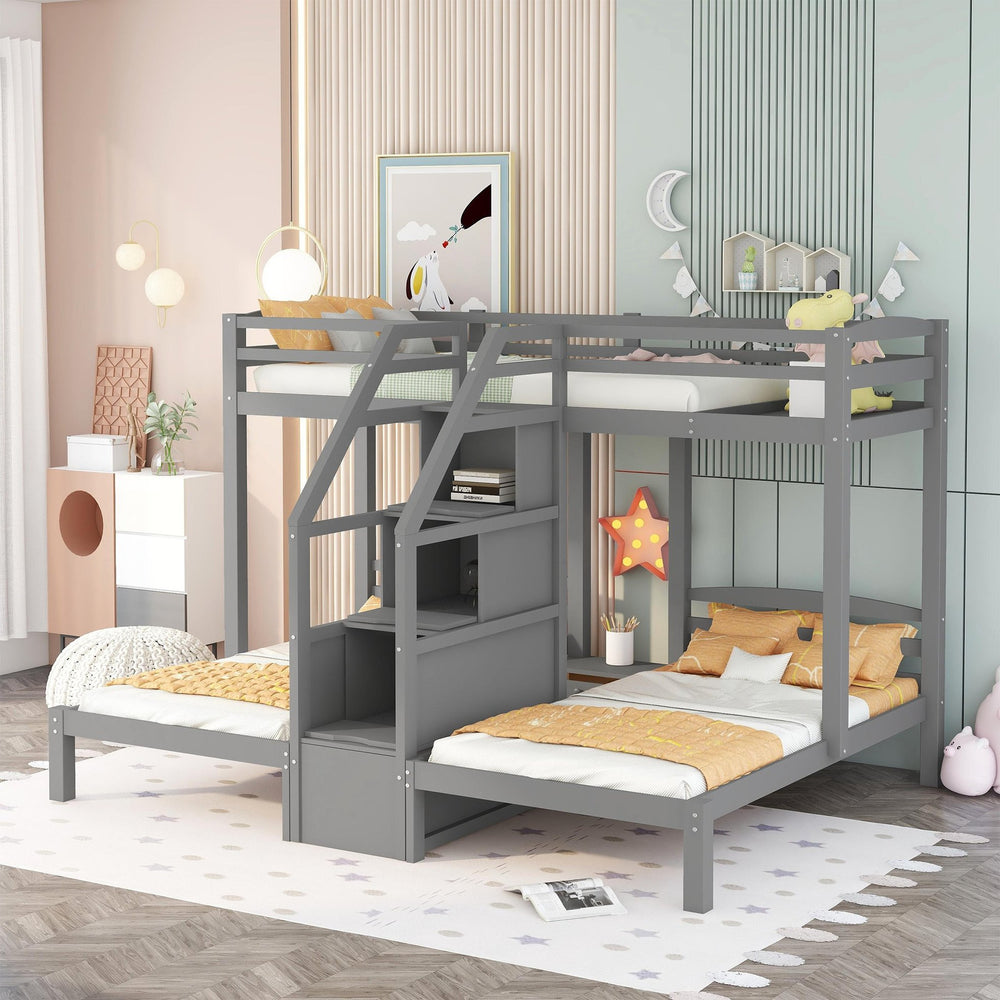 English Elm Twin Triple Bunk Bed with Built-In Staircase, Drawer Storage & 3 Twin Frames Gray – Space-Saving Solution GX000309AAE