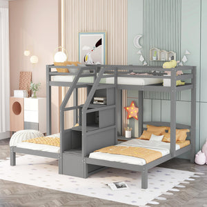 English Elm Twin Triple Bunk Bed with Built-In Staircase, Drawer Storage & 3 Twin Frames Gray – Space-Saving Solution GX000309AAE