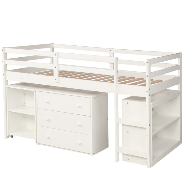 English Elm Low Twin Loft Bed with Rolling Desk Underbed Storage Cabinet Kids Study Space LT000113AAK