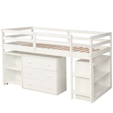 Hearth and Haven Moore Low Study Twin Size Loft Bed with Cabinet and Rolling Portable Desk, White LT000113AAK