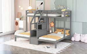 English Elm Twin Triple Bunk Bed with Built-In Staircase, Drawer Storage & 3 Twin Frames Gray – Space-Saving Solution GX000309AAE