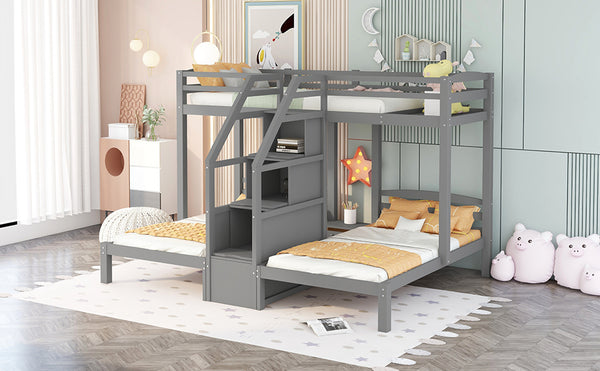 English Elm Twin Triple Bunk Bed with Built-In Staircase, Drawer Storage & 3 Twin Frames Gray – Space-Saving Solution GX000309AAE