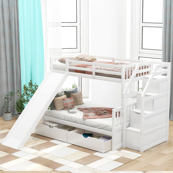 English Elm Twin Over Full Bunk Bed with Slide, Built-In Drawers and Ladder Storage, Sturdy Pine MDF Design White SM000109AAK-1
