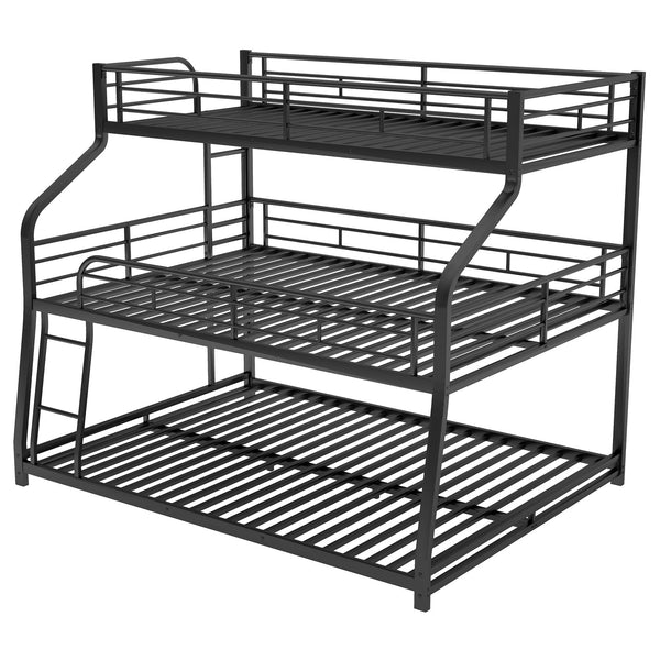 English Elm Twin Triple Bunk Bed XL/Full/Queen with Long & Short Ladders, Full-Length Guardrails, Industrial Black GX000609AAB-1