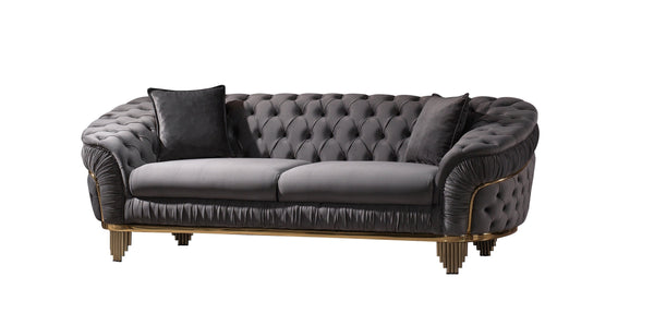 English Elm Vanessa Glam Velvet Button-Tufted Sofa in Grey with Gold Waterfall Legs, Coil Springs & Pillows G150109202