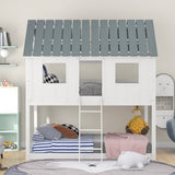 Hearth and Haven Twin over Twin Low Bunk Beds with Roof and Fence-Shaped Guardrail, White