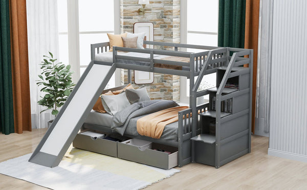 English Elm Twin Over Full Bunk Bed with Slide, Built-In Drawers and Ladder Storage, Sturdy Pine MDF Design Gray SM000109AAE-1