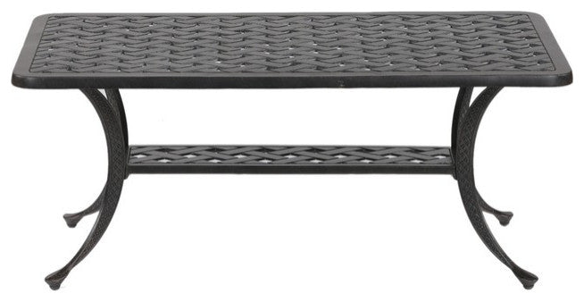 English Elm Coffee Table Antique Bronze Aluminum Outdoor Coffee Table — Castle Rock Lattice Top, Shelf, Weatherproof ABQ-AHF-LD1031F