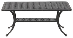 English Elm Coffee Table Antique Bronze Aluminum Outdoor Coffee Table — Castle Rock Lattice Top, Shelf, Weatherproof ABQ-AHF-LD1031F