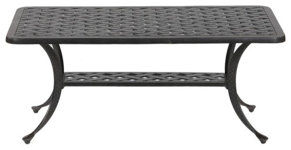 English Elm Coffee Table Antique Bronze Aluminum Outdoor Coffee Table — Castle Rock Lattice Top, Shelf, Weatherproof ABQ-AHF-LD1031F