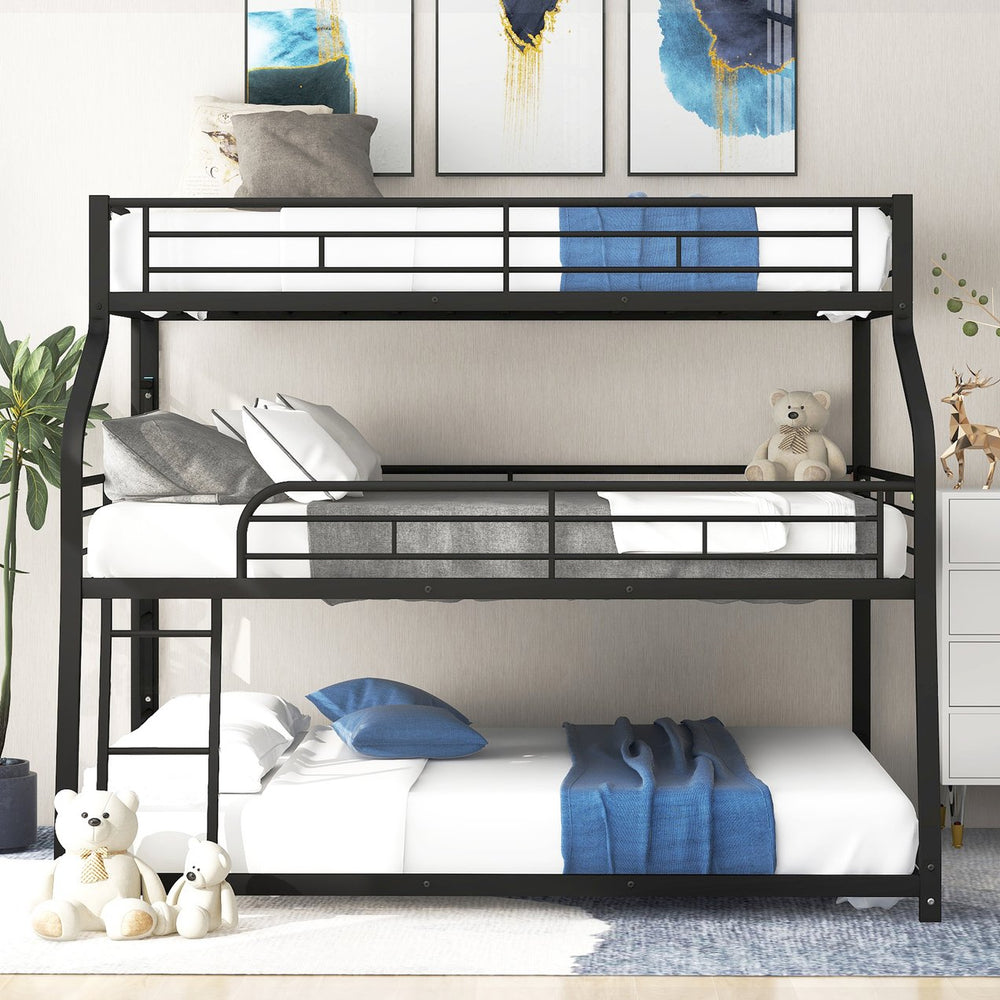 English Elm Twin Triple Bunk Bed XL/Full/Queen with Long & Short Ladders, Full-Length Guardrails, Industrial Black GX000609AAB-1