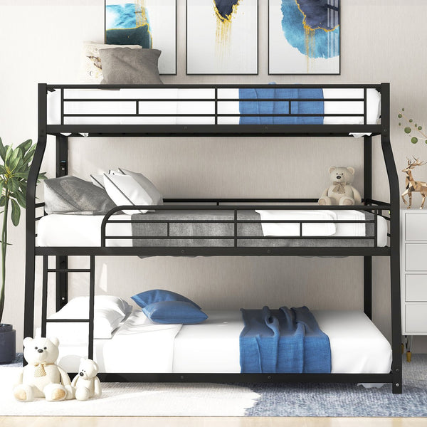 English Elm Twin Triple Bunk Bed XL/Full/Queen with Long & Short Ladders, Full-Length Guardrails, Industrial Black GX000609AAB-1