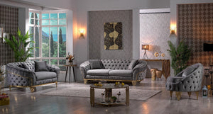 English Elm Vanessa Glam Velvet Button-Tufted Sofa in Grey with Gold Waterfall Legs, Coil Springs & Pillows G150109202