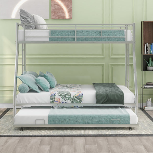 English Elm Twin Over Full Steel Bunk Bed with Trundle Dual Ladder Access Guardrails Kids Room Silver MF286667AAN