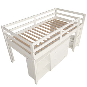 English Elm Low Twin Loft Bed with Rolling Desk Underbed Storage Cabinet Kids Study Space LT000113AAK-1