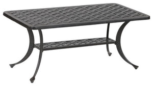English Elm Coffee Table Antique Bronze Aluminum Outdoor Coffee Table — Castle Rock Lattice Top, Shelf, Weatherproof ABQ-AHF-LD1031F
