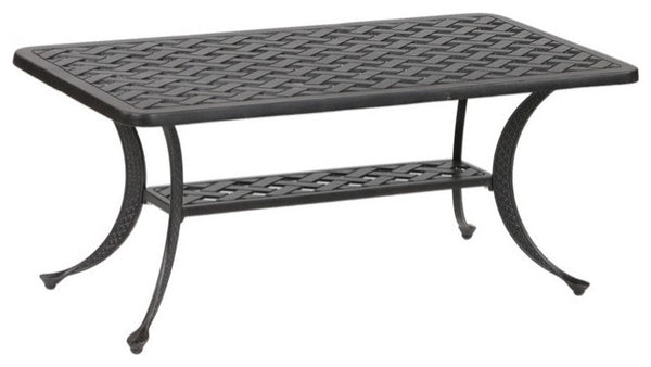 English Elm Coffee Table Antique Bronze Aluminum Outdoor Coffee Table — Castle Rock Lattice Top, Shelf, Weatherproof ABQ-AHF-LD1031F