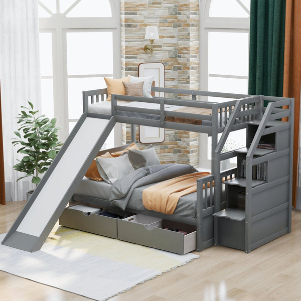 English Elm Twin Over Full Bunk Bed with Slide, Built-In Drawers and Ladder Storage, Sturdy Pine MDF Design Gray SM000109AAE-1