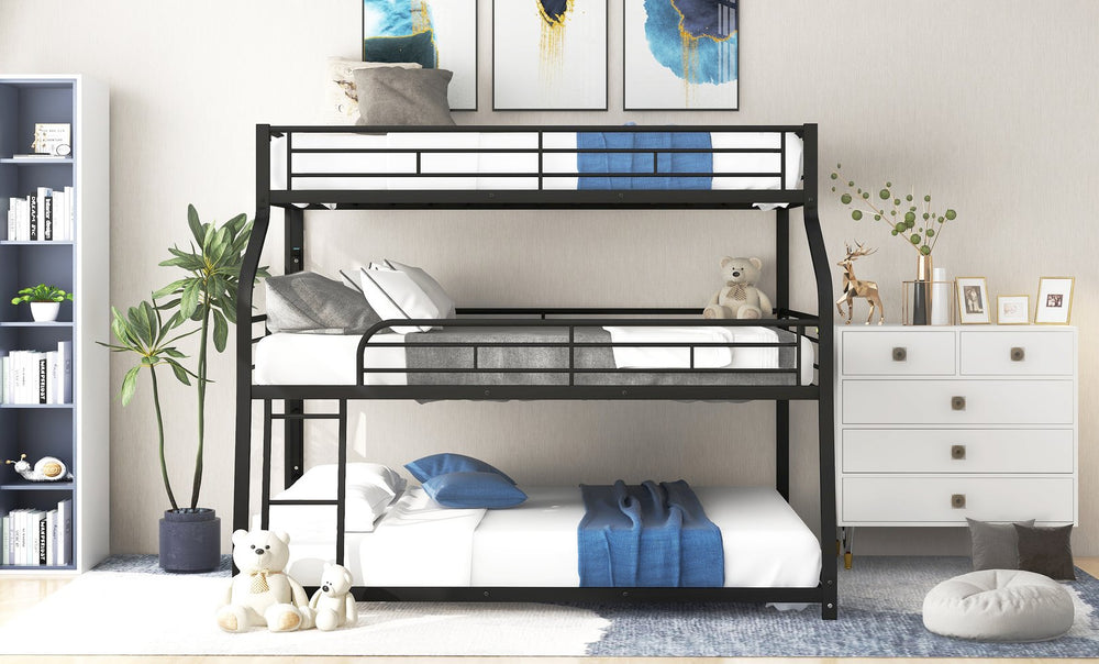 English Elm Twin Triple Bunk Bed XL/Full/Queen with Long & Short Ladders, Full-Length Guardrails, Industrial Black GX000609AAB-1