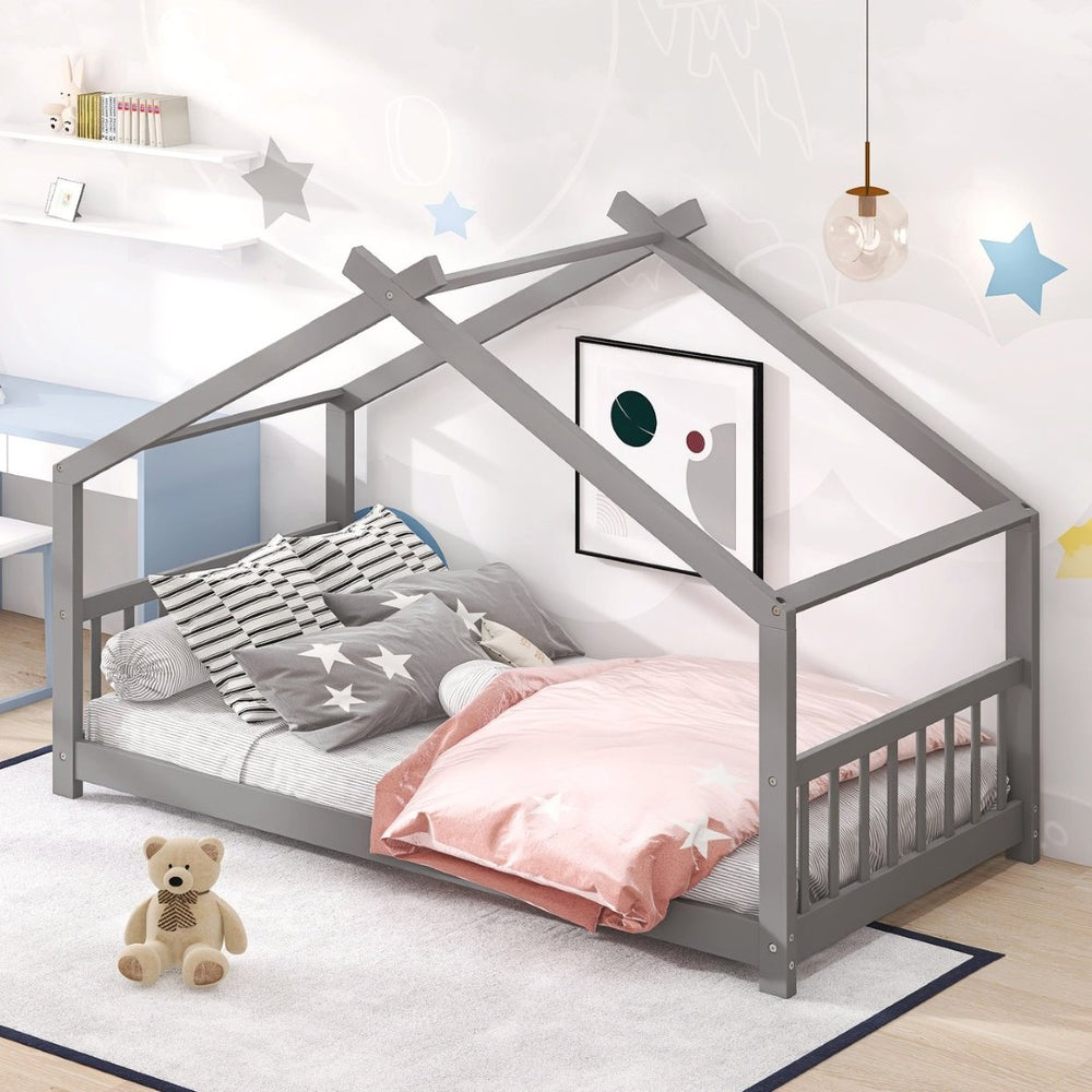 English Elm Twin Size Playhouse Bed Solid Pine Frame Kids House Roof Slat Support Included Gray N708P182785E