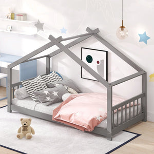 English Elm Twin Size Playhouse Bed Solid Pine Frame Kids House Roof Slat Support Included Gray N708P182785E