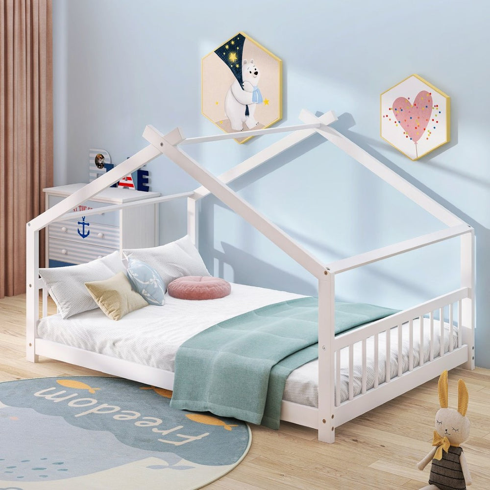 English Elm Twin Size Playhouse Bed Solid Pine Frame Kids House Roof Slat Support Included White N708P182786K