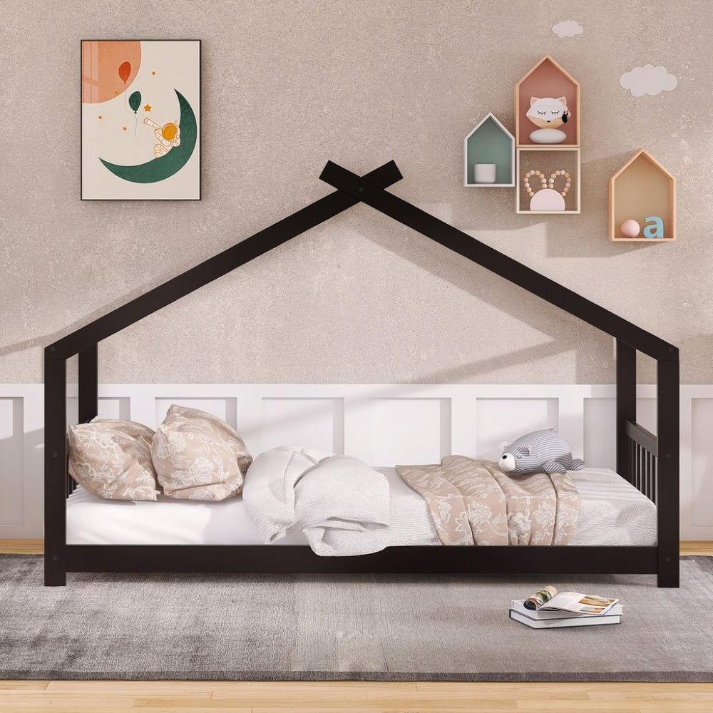 English Elm Twin Size Playhouse Bed Solid Pine Frame Kids House Roof Slat Support Included Espresso N708P182785P