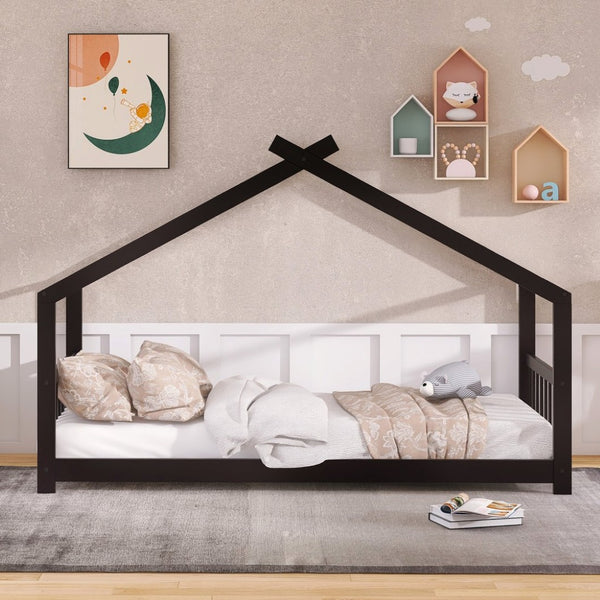 English Elm Twin Size Playhouse Bed Solid Pine Frame Kids House Roof Slat Support Included Espresso N708P182785P