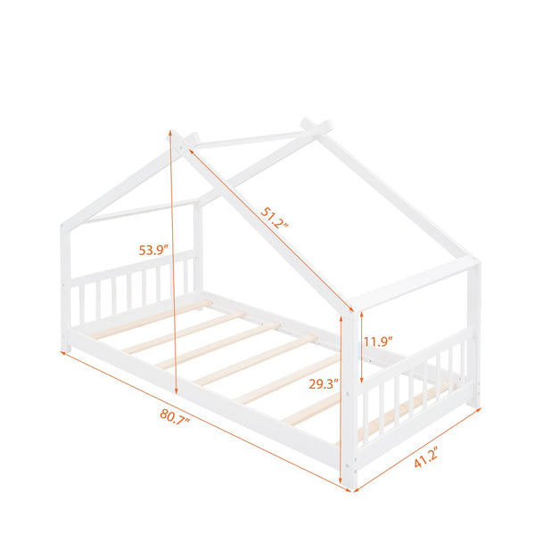 English Elm Twin Size Playhouse Bed Solid Pine Frame Kids House Roof Slat Support Included White N708P182785K
