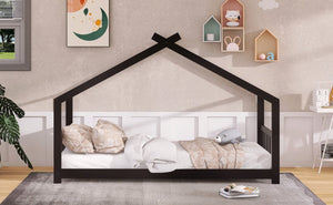 English Elm Twin Size Playhouse Bed Solid Pine Frame Kids House Roof Slat Support Included Espresso N708P182785P