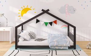 English Elm Twin Size Playhouse Bed Solid Pine Frame Kids House Roof Slat Support Included Espresso N708P182786P