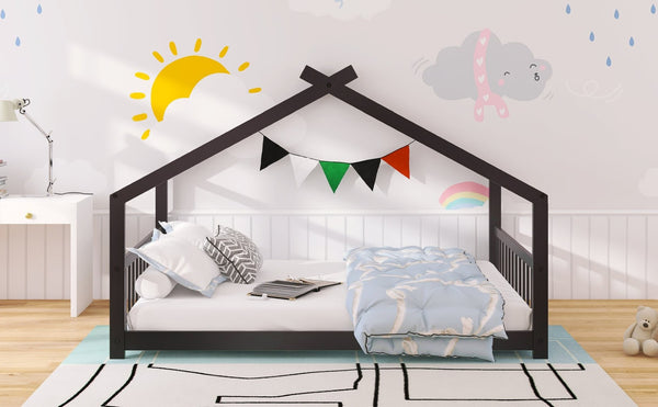 English Elm Twin Size Playhouse Bed Solid Pine Frame Kids House Roof Slat Support Included Espresso N708P182786P