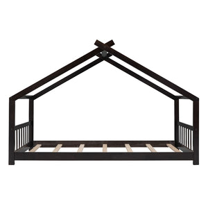 English Elm Twin Size Playhouse Bed Solid Pine Frame Kids House Roof Slat Support Included Espresso N708P182785P