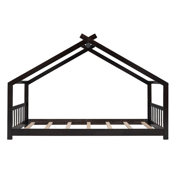 English Elm Twin Size Playhouse Bed Solid Pine Frame Kids House Roof Slat Support Included Espresso N708P182785P