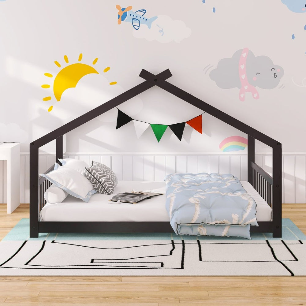 English Elm Twin Size Playhouse Bed Solid Pine Frame Kids House Roof Slat Support Included Espresso N708P182786P
