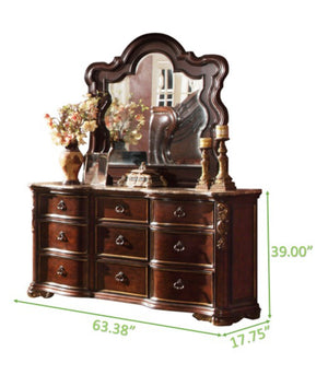 English Elm Bella Queen 5-Piece Walnut Bedroom Set with Upholstered Wing Headboard, Marble Tops, 9-Drawer Dresser B009S01606