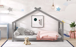 English Elm Twin Size Playhouse Bed Solid Pine Frame Kids House Roof Slat Support Included Gray N708P182785E