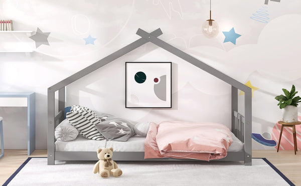 English Elm Twin Size Playhouse Bed Solid Pine Frame Kids House Roof Slat Support Included Gray N708P182785E