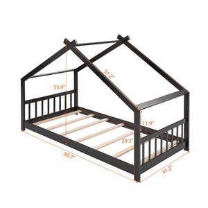 English Elm Twin Size Playhouse Bed Solid Pine Frame Kids House Roof Slat Support Included Espresso N708P182785P