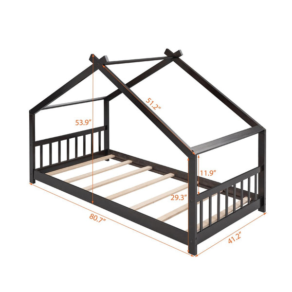 English Elm Twin Size Playhouse Bed Solid Pine Frame Kids House Roof Slat Support Included Espresso N708P182785P