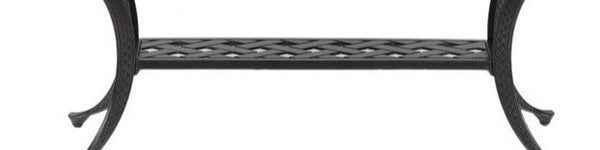 English Elm Coffee Table Antique Bronze Aluminum Outdoor Coffee Table — Castle Rock Lattice Top, Shelf, Weatherproof ABQ-AHF-LD1031F